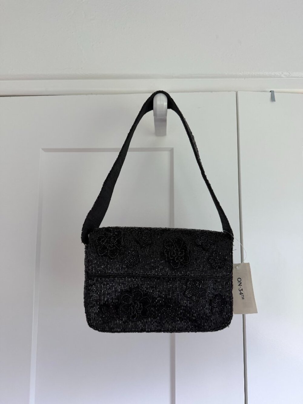 On 34th Black Beaded Floral Shoulder Bag NWT